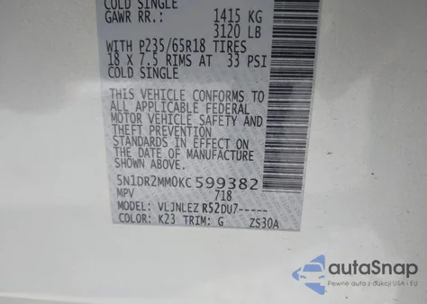 2019 Nissan Pathfinder Sv from USA, damaged, VIN 5N1DR2MM0KC599382